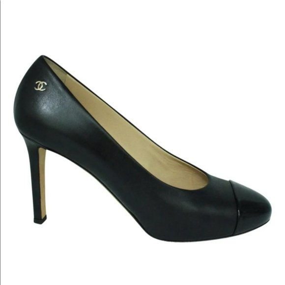 CHANEL Black Leather Cap Toe Pumps Size 37 - Picture 5 of 12
